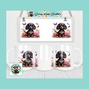 Ceramic Coffee Mug Cute Dachshund Puppy Dog Butterflies Flowers 15oz Sublimated